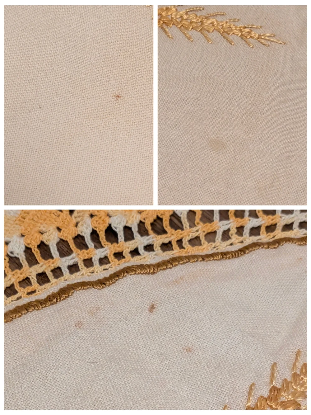 Vintage Handmade Round Wheat Embroidered Table Cloth, Gold & Yellow Crochet Edge